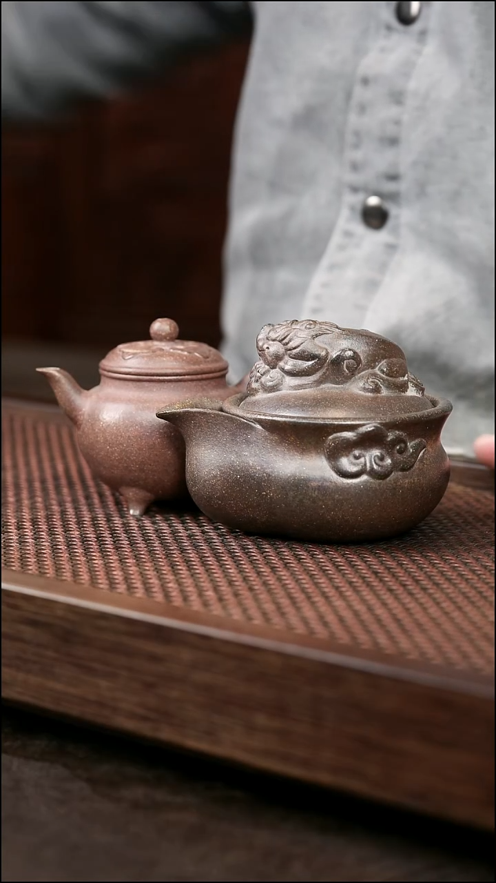 茶壶紫砂岩中泥大彬如意6拼+貔貅宝瓶