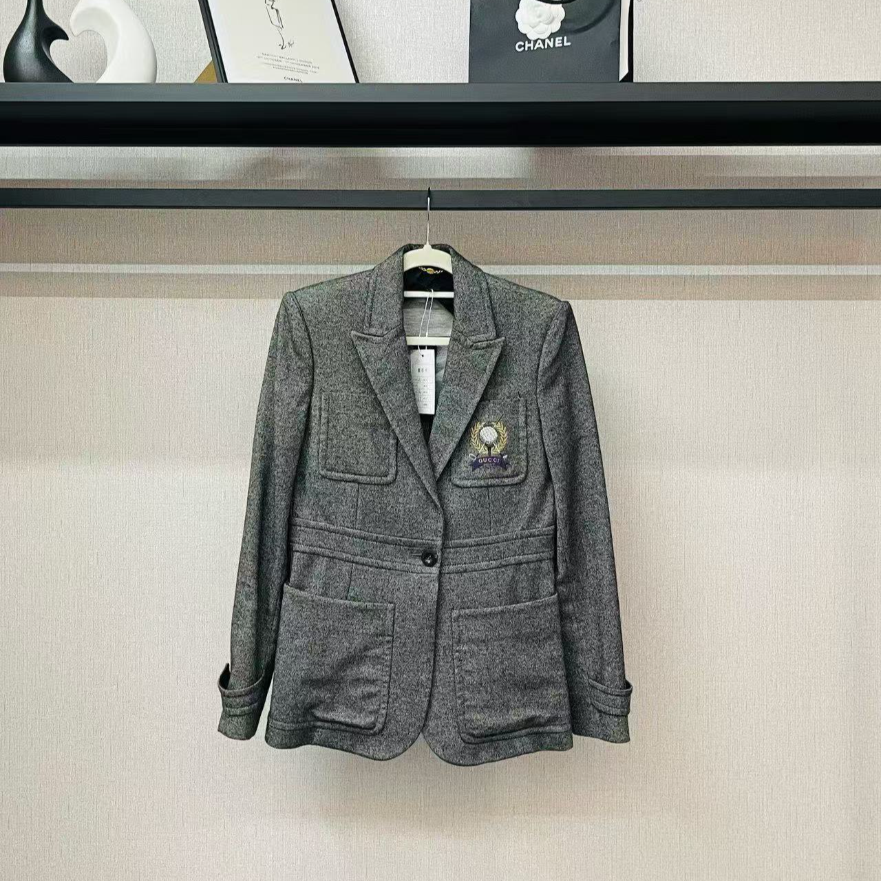 95新 GUCCI/古驰 Gucci/古驰/灰色羊毛刺绣logo西装/f42/编号672