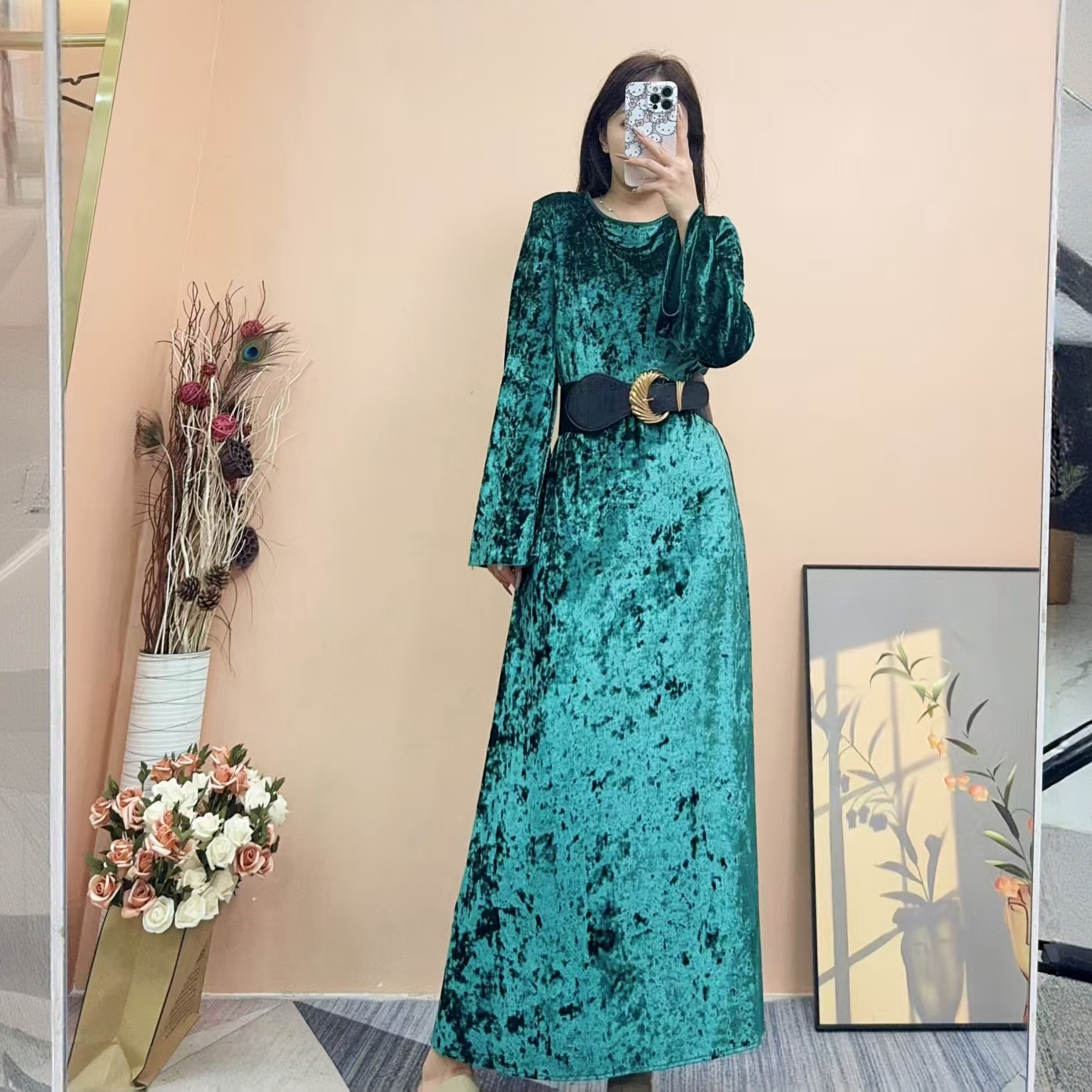 [依易原创]气质轻奢慵懒风鎏金丝绒简约优雅连衣裙E0329