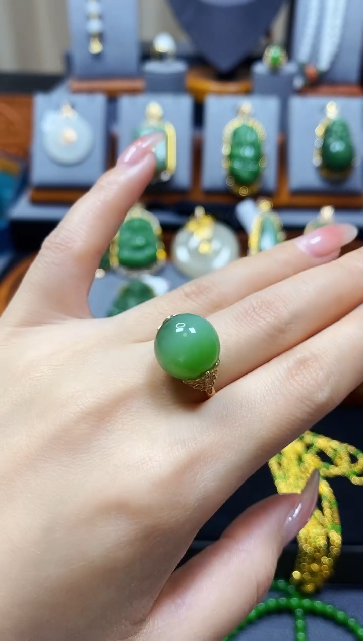 【闪购商品】和田玉碧玉猫眼珠戒指18K金镶嵌*玫瑰金色*