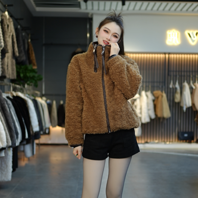 【双倍暖意】双拉链双面穿设计款时尚羊毛加厚保暖女士外套80131-2