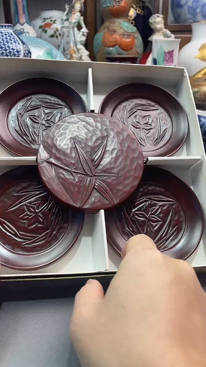瓷片镰仓雕实木杯托五件套