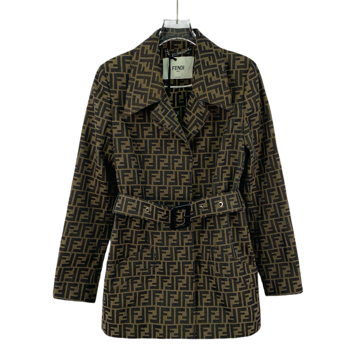 未使用 FENDI/芬迪 GW0006 logo满印翻领腰带款风衣外套 36码