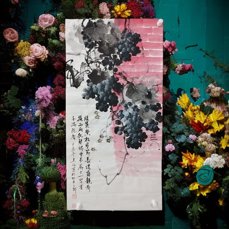 30文建海国画花鸟黑葡萄