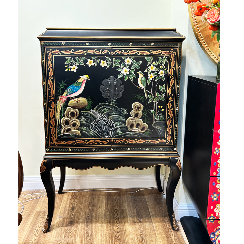 新中式复古轻奢花鸟双门高脚柜家用卧室书房两门储物柜客厅斗柜