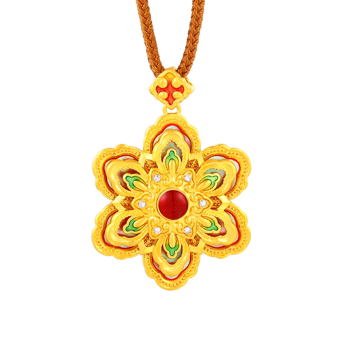 (九梵山海金)足金999 古法国风 螺钿点钻花卉吊坠 可转动