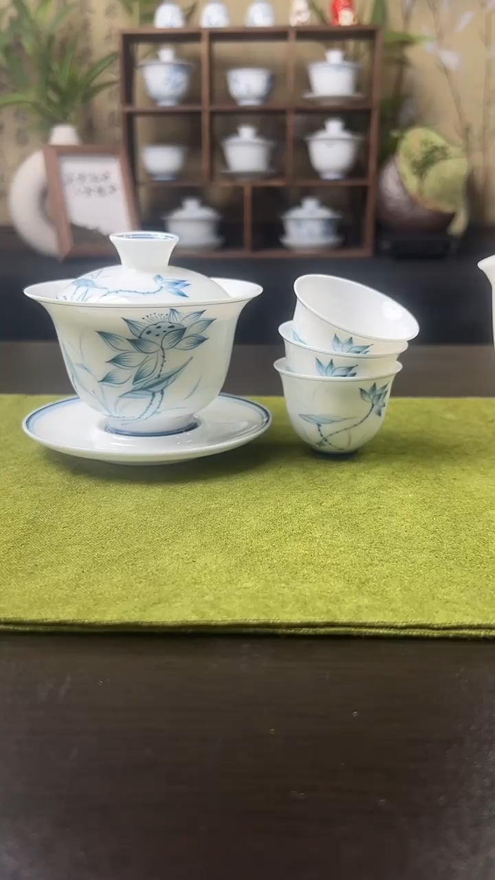 荷花盖碗+壶沉+3客杯