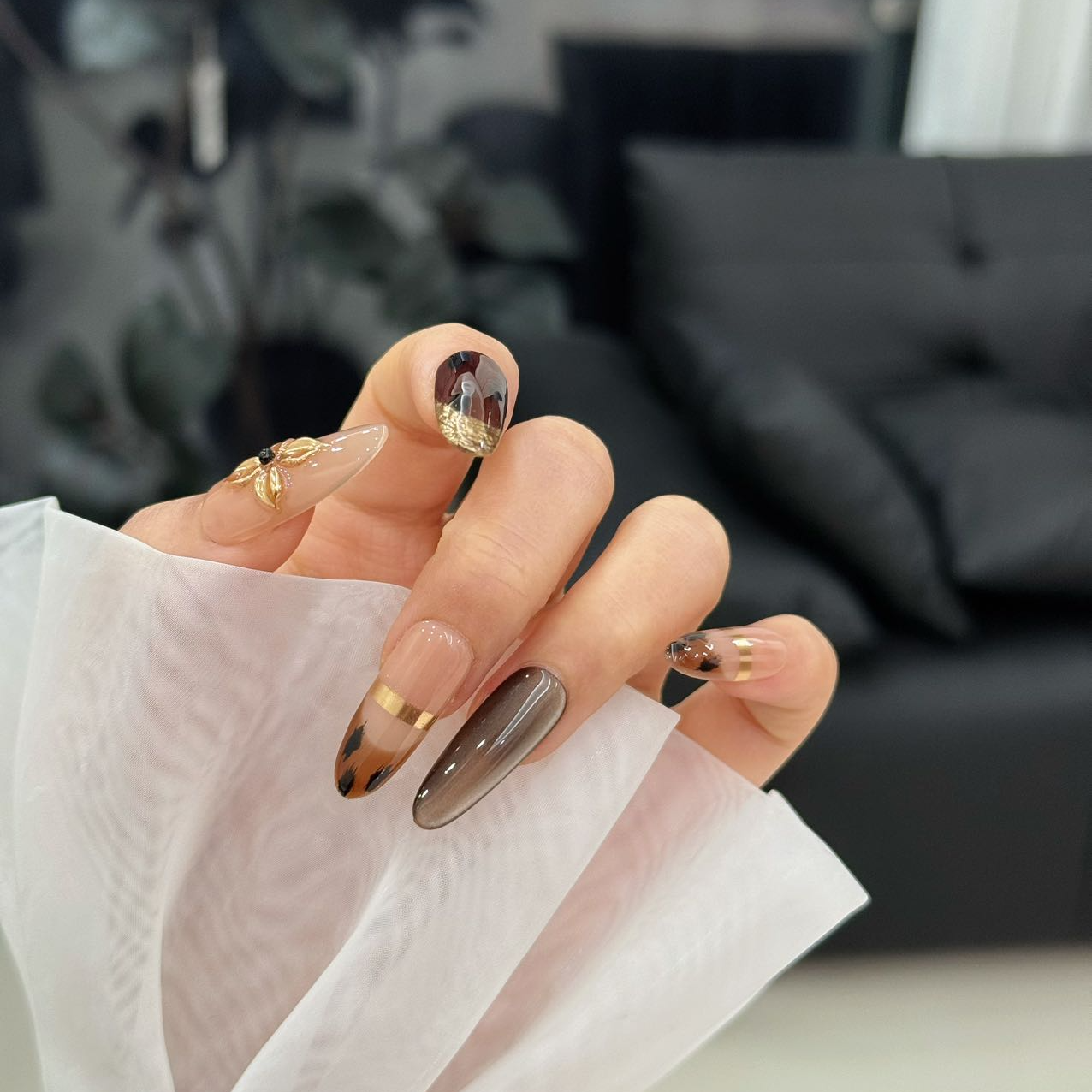 梵屿【漫悦浮棕】纯手工定制美甲穿戴甲高定带钻FW0017