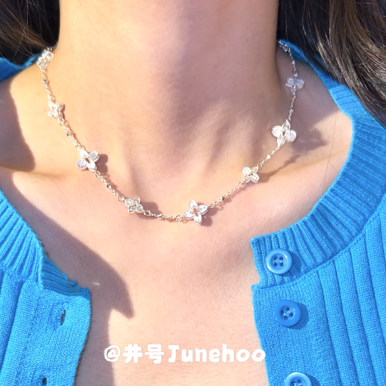 铜合金仿水晶项链 银色四叶可项链可手链