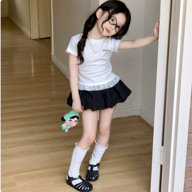 2025夏季新款女童套装儿童字母花边修身短袖T恤花苞裙裤潮