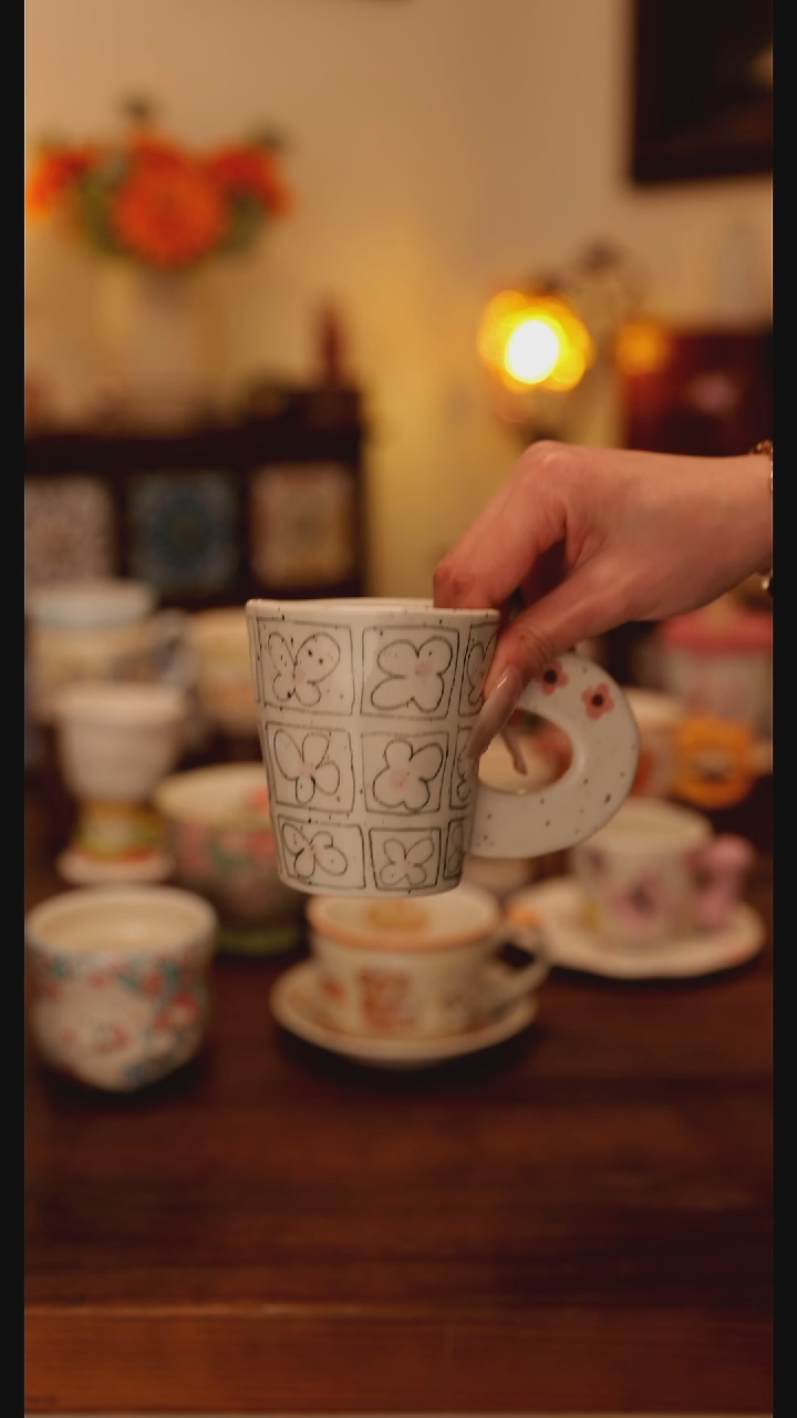 陶瓷手柄款粗陶小花杯