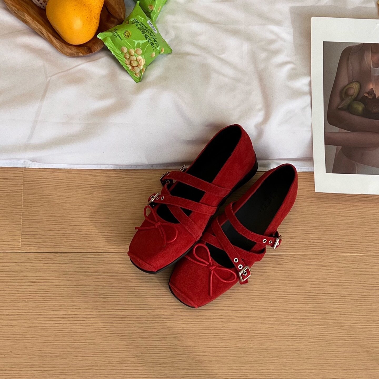 方头芭蕾舞玛丽珍夏款软底浅口红色小皮鞋豆豆单鞋