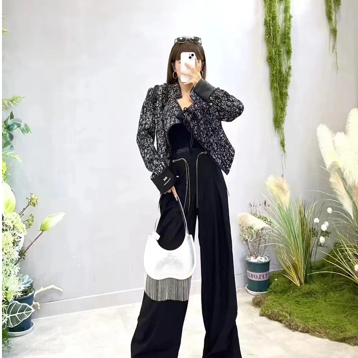 409-499诱惑秋冬新款厚款开襟立领女短外套宽松拼接女士重工印花