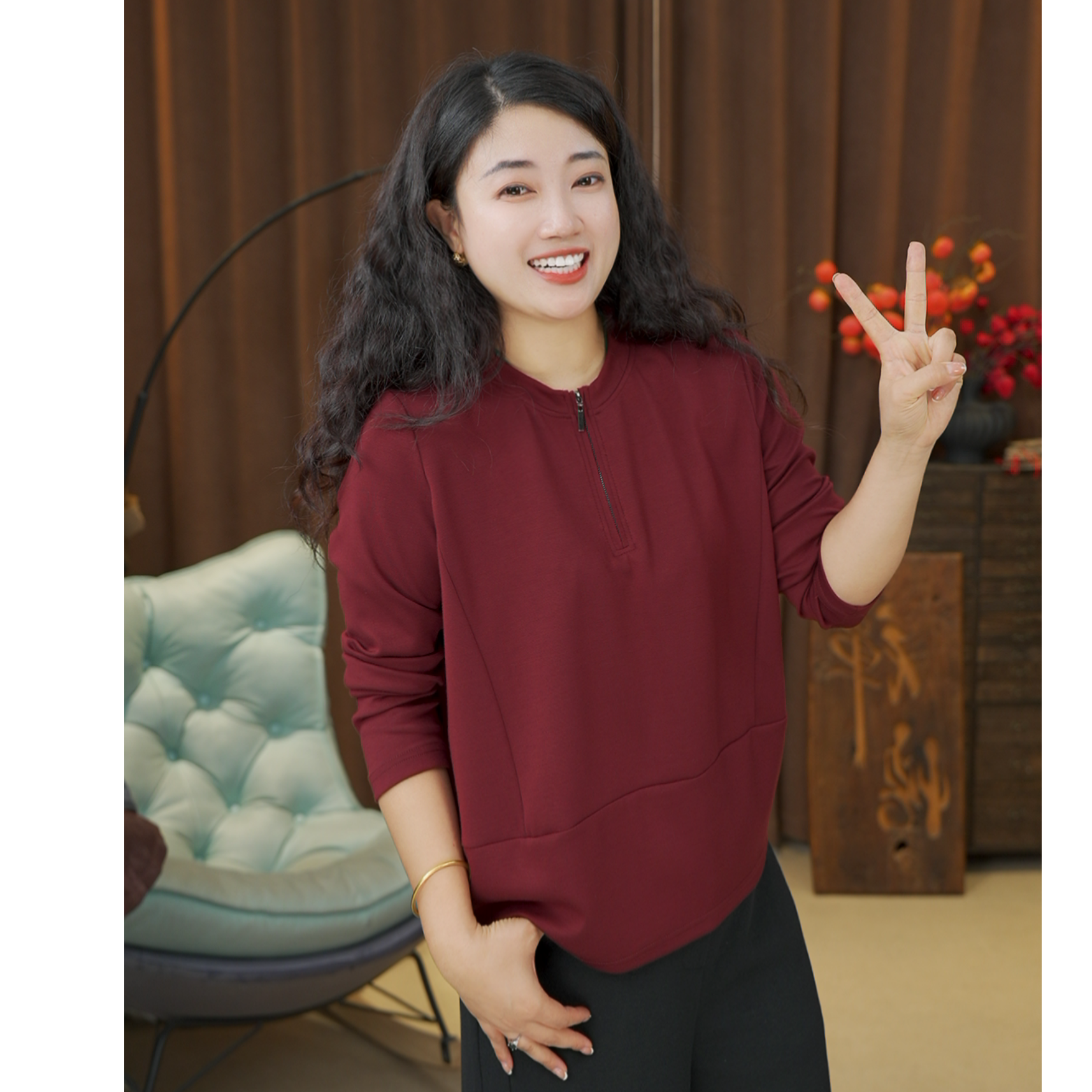 XIU-Q656 宽松百搭半拉链上衣女休闲长袖打底小衫