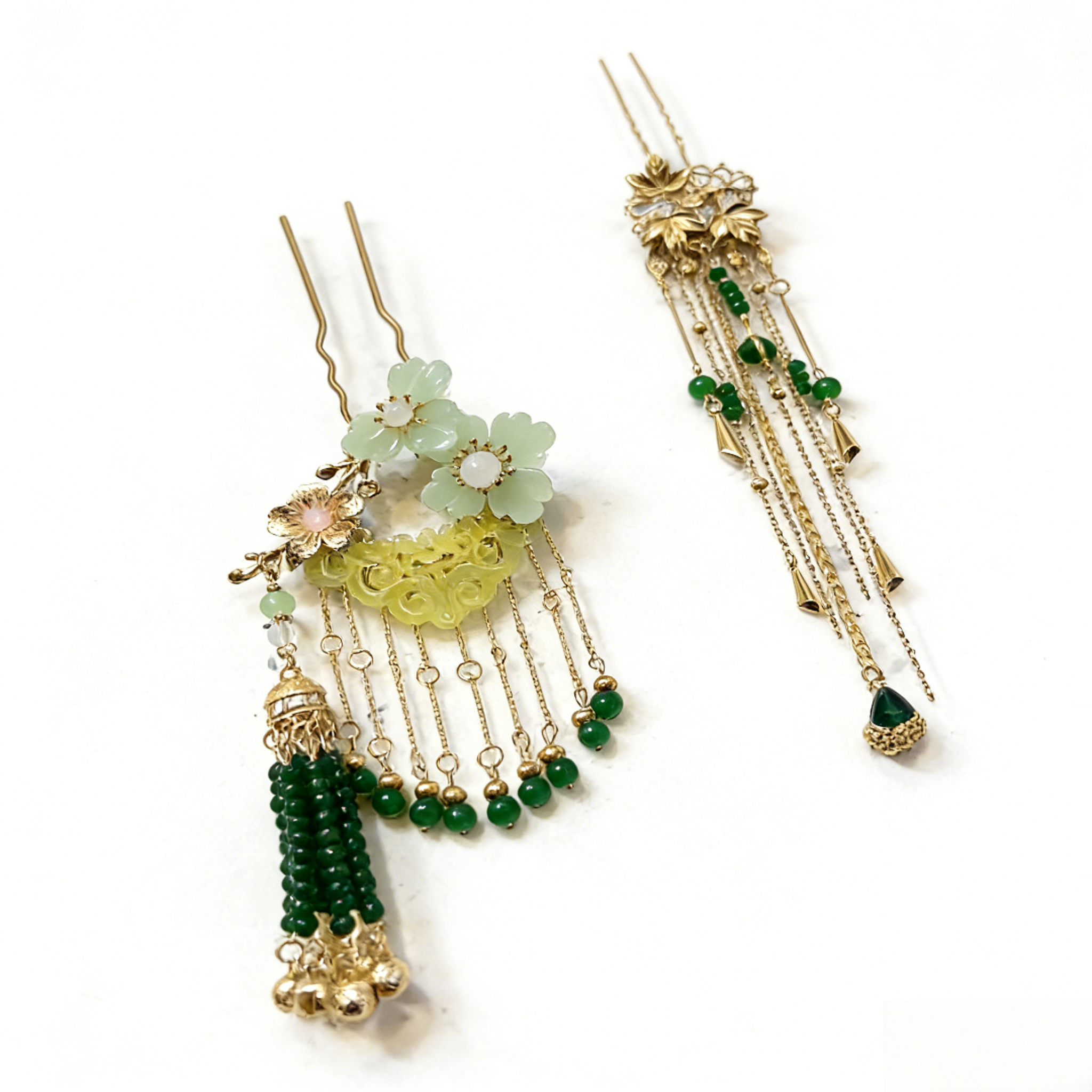 【绿野套组】复古新中式合金发簪仿玉石点翠步摇发钗晨袍秀禾古A331