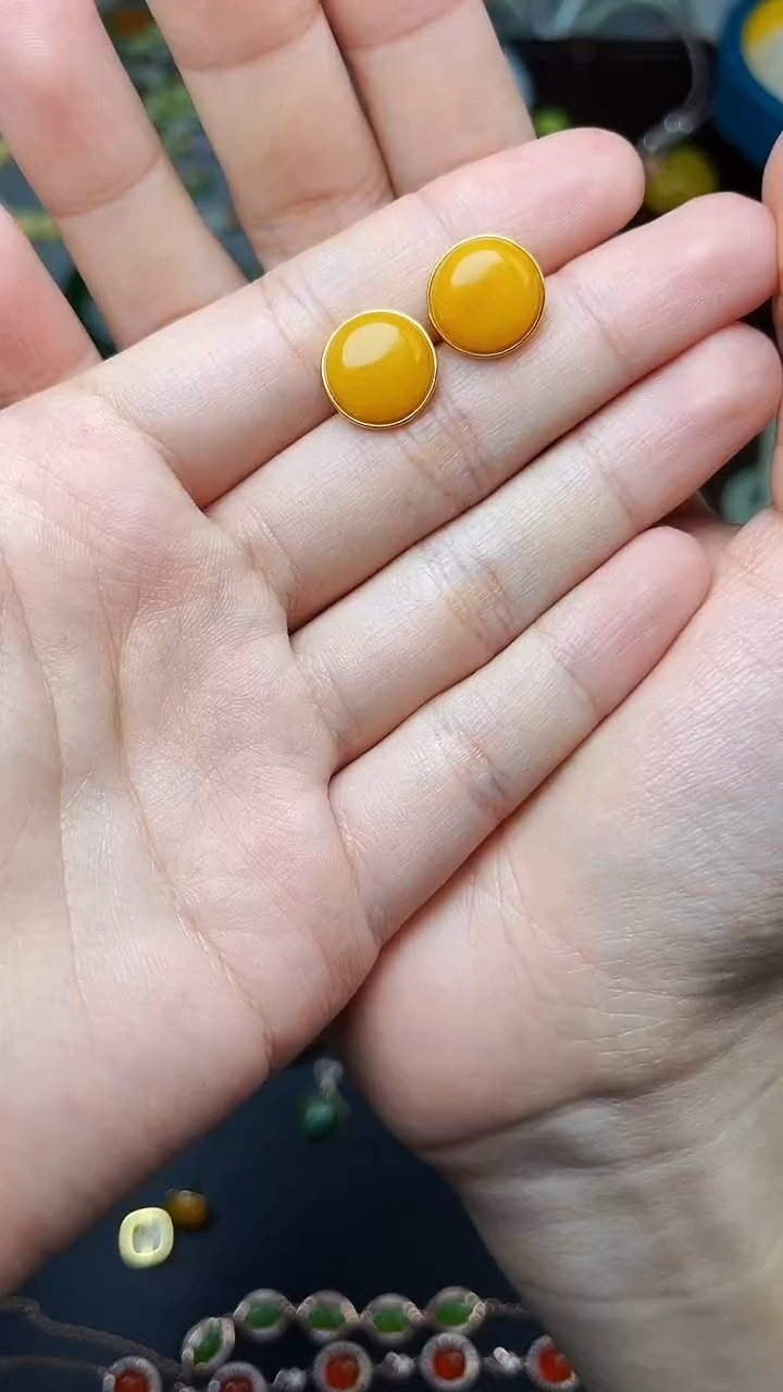 蜜蜡银S925镶嵌耳饰耳钉 06