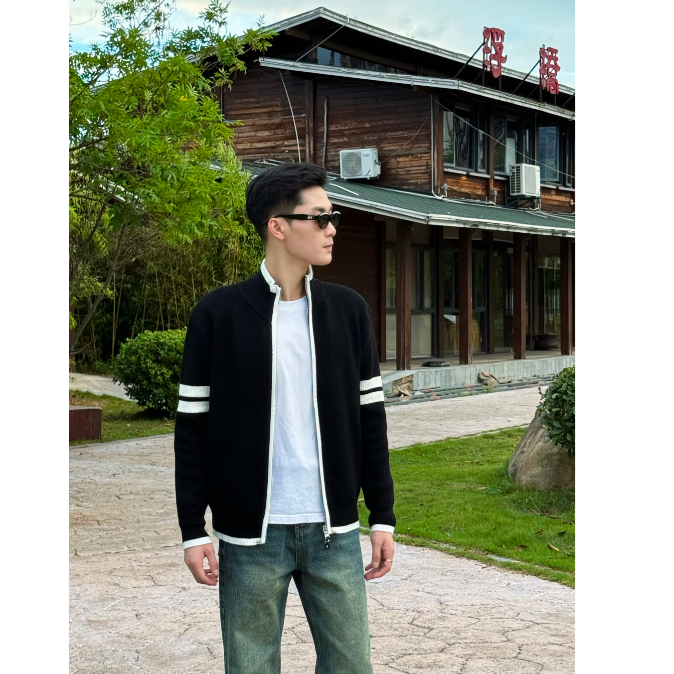 【花开男装】新款立领贝丝绒秋季针织条纹拉链毛衣针织衫运动男款