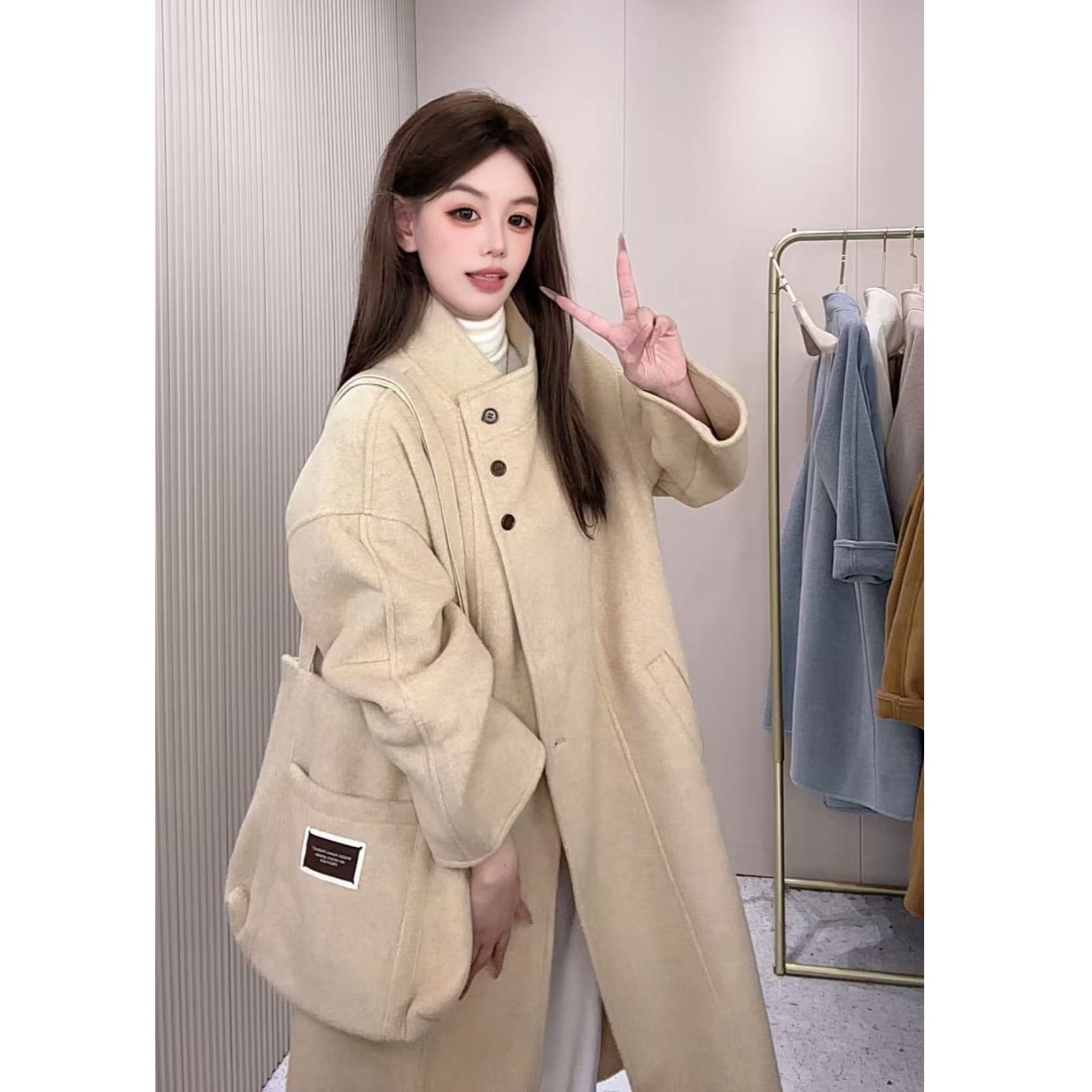 【25113】秋冬长款毛呢送包包外套通勤冬季保暖毛呢直下摆  