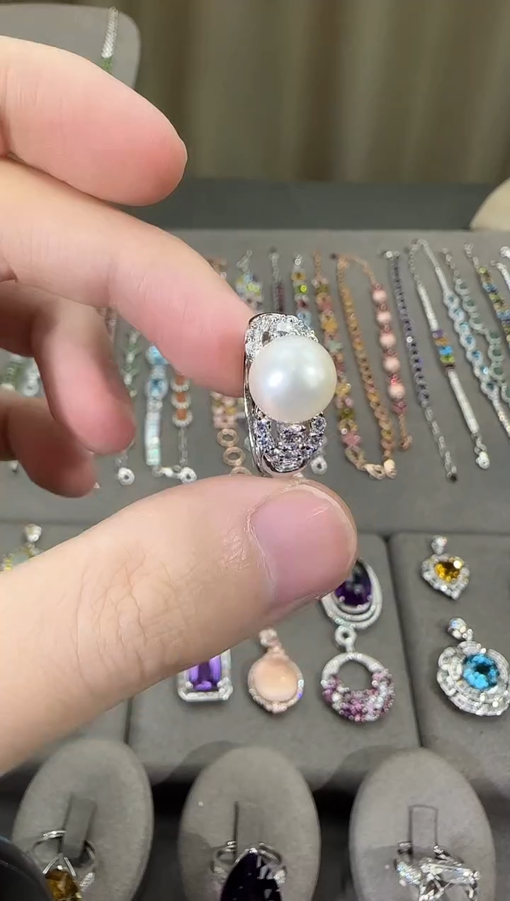 银S925镶嵌戒指淡水珍珠10mm戒指设计款