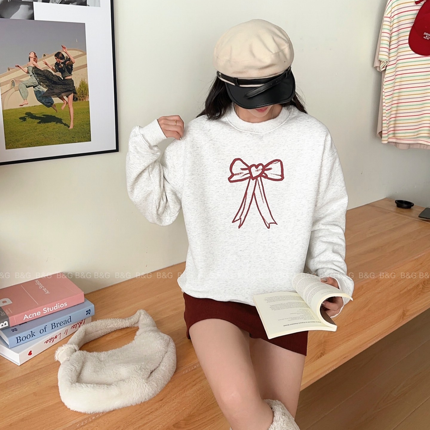 D7217手绘蝴蝶结加绒卫衣时尚休闲百搭宽松圆领韩版冬季保暖