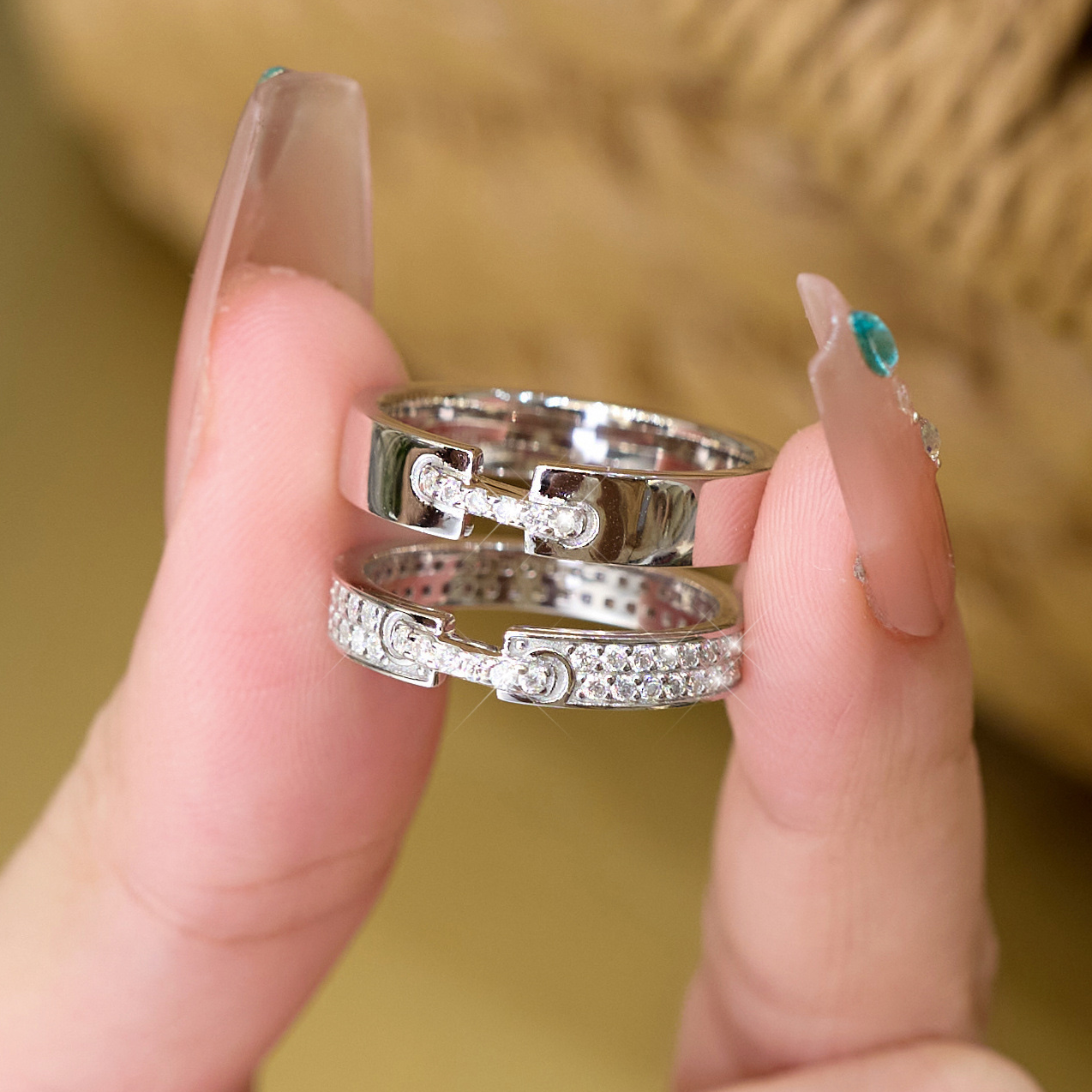 恒美娜 925银莫桑石戒指 锁链戒指情侣对戒轻奢经典气质百搭