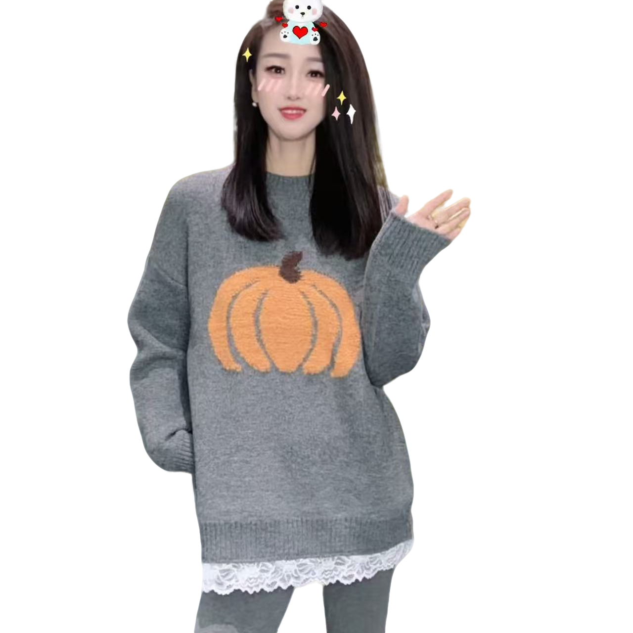 瑶瑶家 蕾丝加厚中长款南瓜毛衣