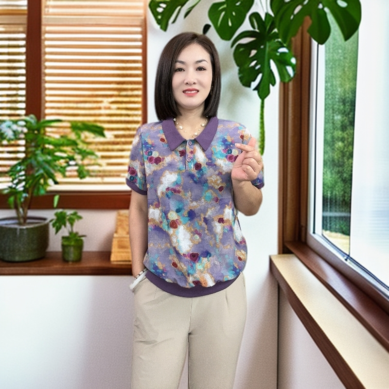 夏季妈妈时尚短袖POLO领娃娃领宽松中老年女装紫色碎花翻领