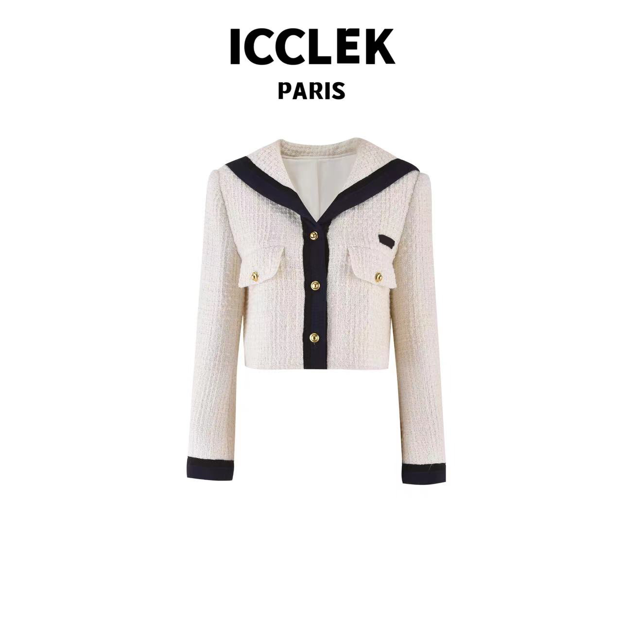 ICCLEK 海军领粗花呢早秋短款外套 -3034