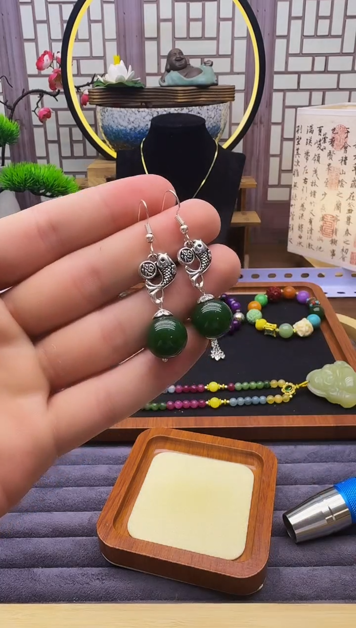 和田玉银S925镶嵌耳饰E10