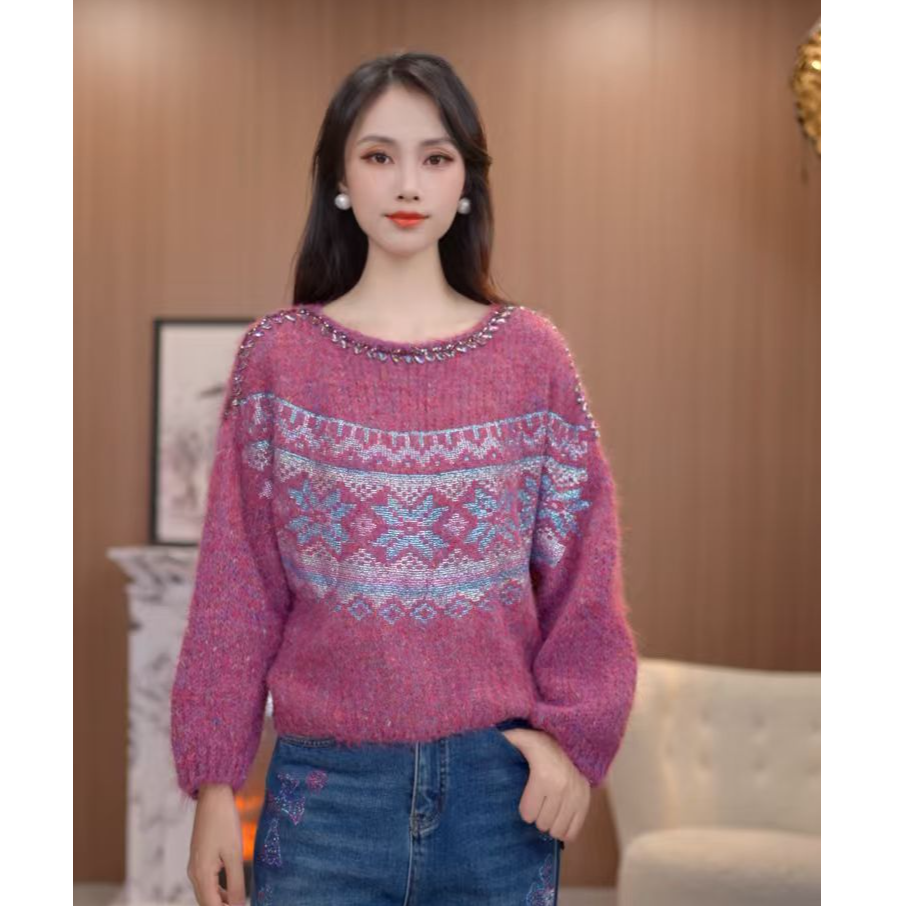 TCH【时尚气质】冬款时尚烫钻紫色休闲风女装针织衫T75D09E1187