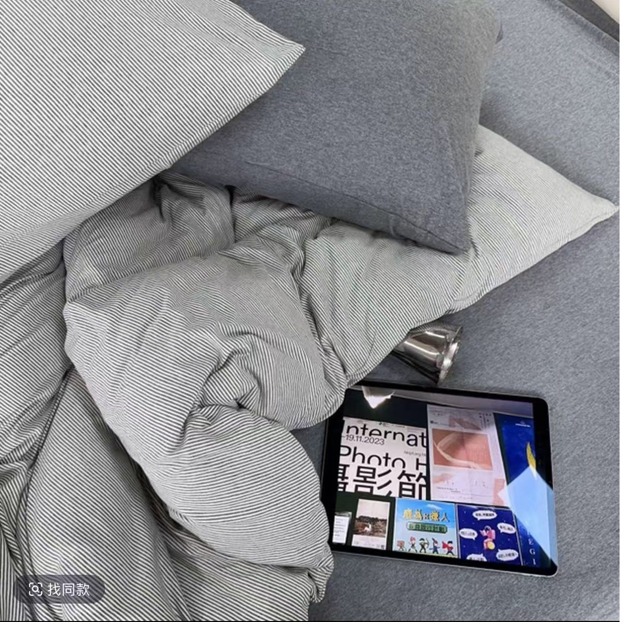 条纹全棉天竺棉被加枕三件套简约百搭被套针织棉