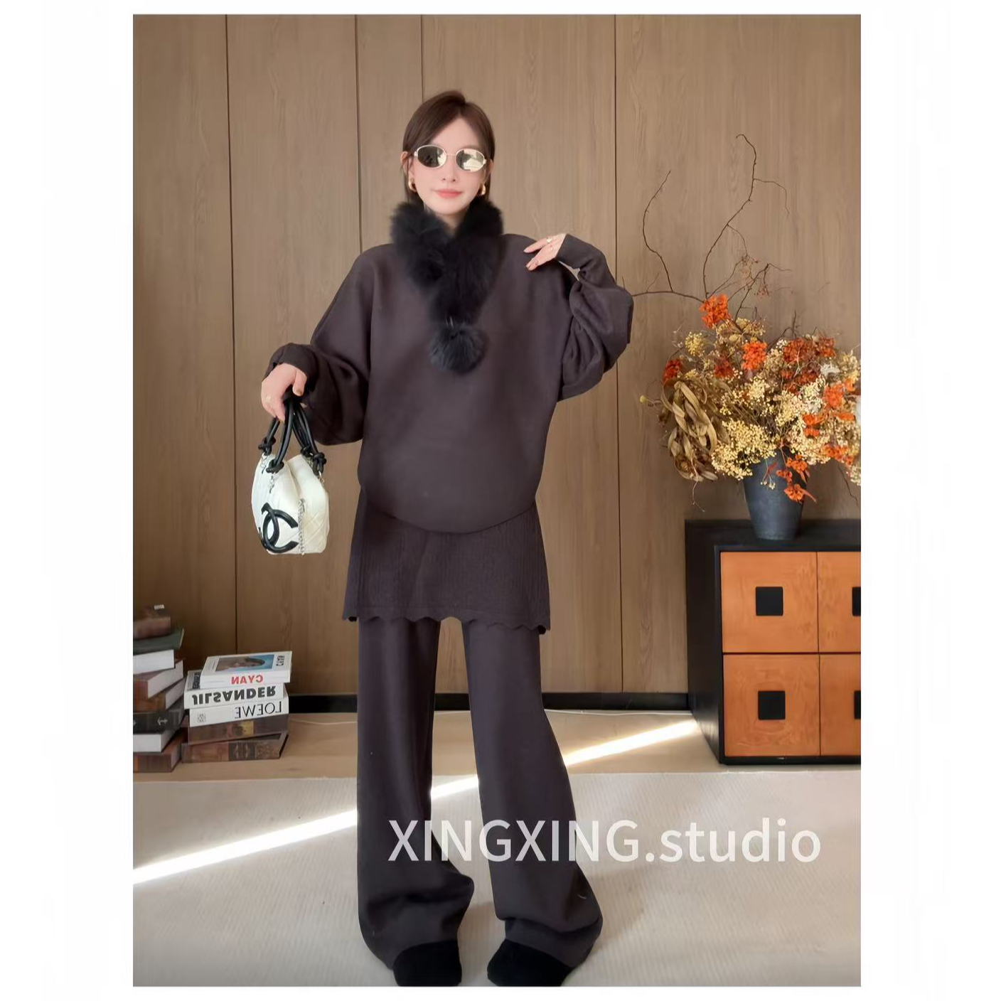 X.x.新款休闲长袖针织衫套装毛领冬季假两件屁帘阔腿裤三件套872