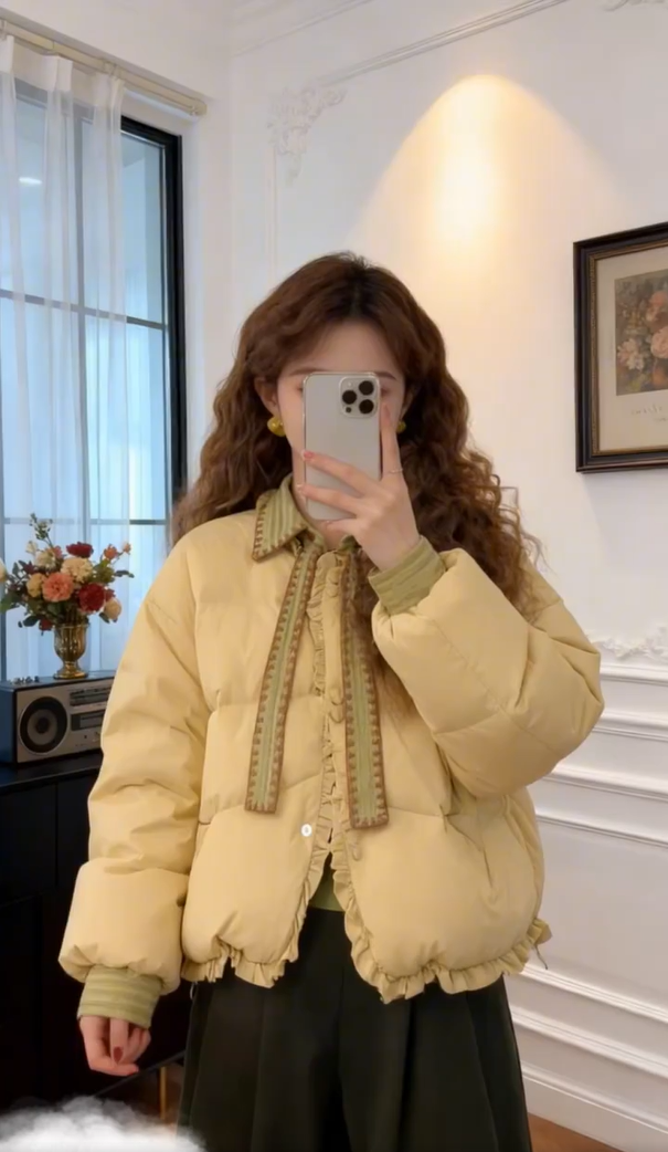 2025冬季新款百搭加厚保暖短款棉衣韩版复古花边拼接设计棉服外套