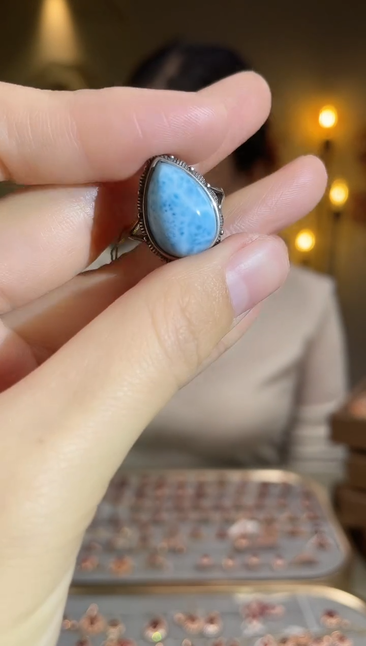 银S925镶嵌针钠钙石（海纹石）戒指手饰