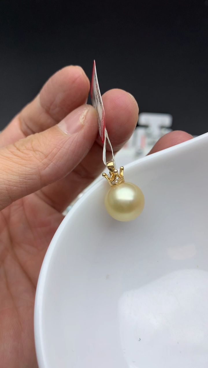银S925镶嵌ff海水珍珠金珠吊坠(赠链）11~12mm