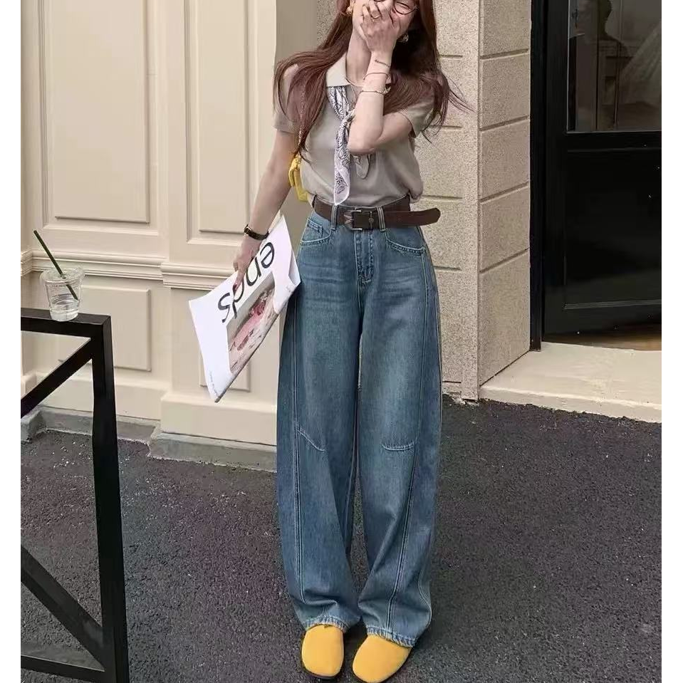 欧货高腰阔腿弯刀牛仔裤