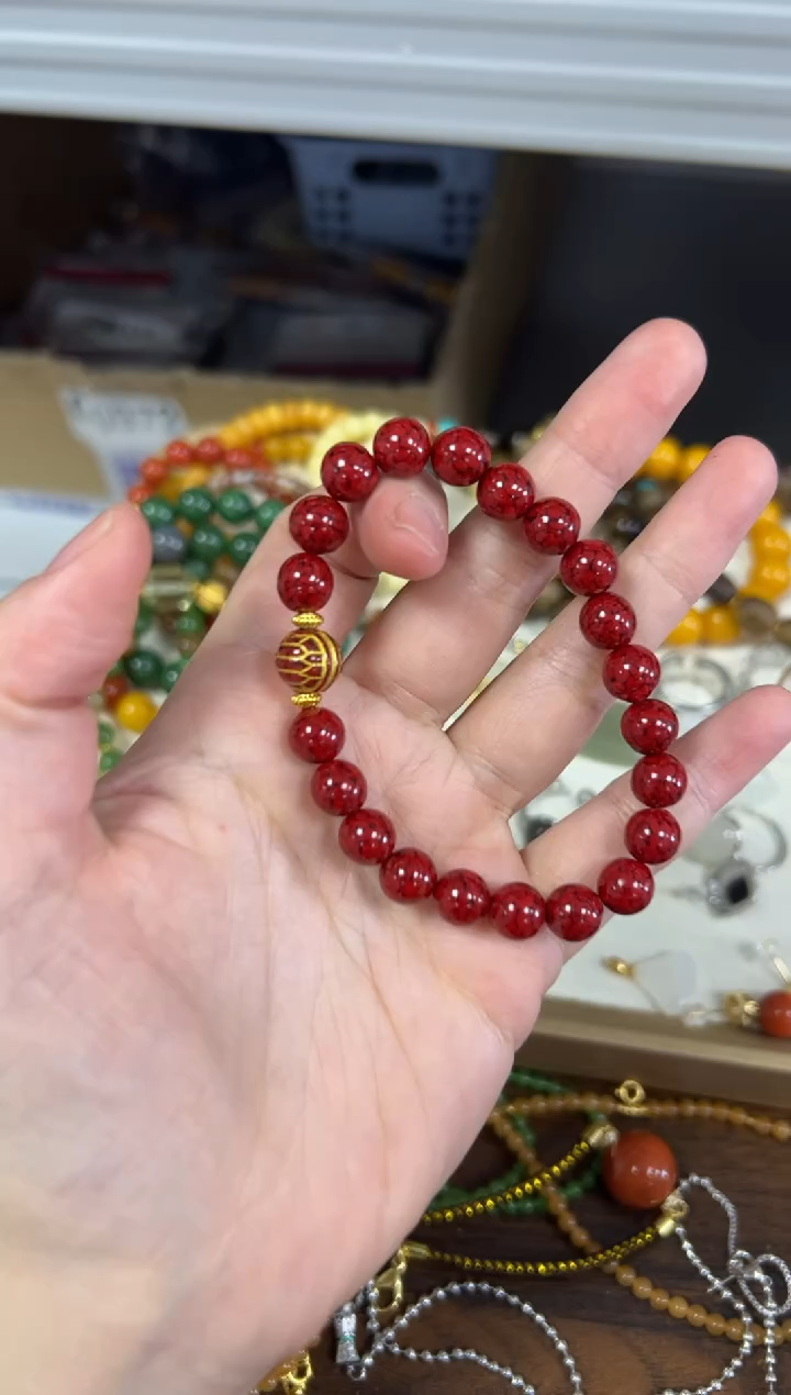 天然辰砂孤品晶体砂圆珠富甲款手链[5410]