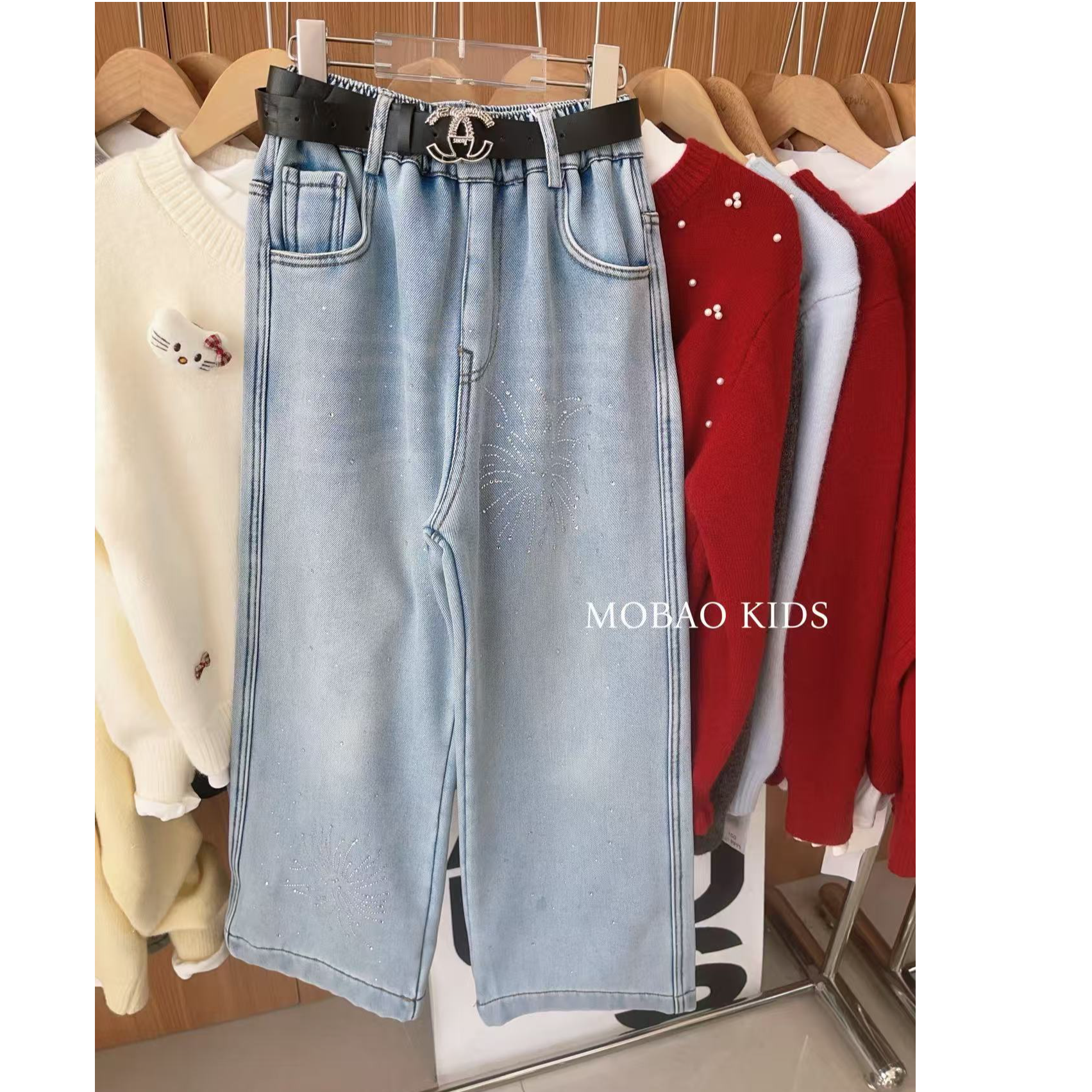 女中童本命年中腰童装冬季加绒女重工牛仔裤