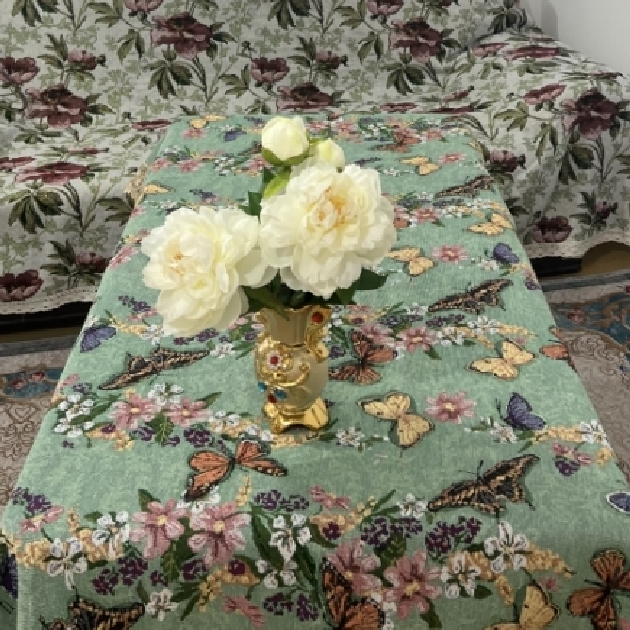 ZN111-8棉麻交织布【130*185】绿蝴蝶水溶花边棉麻交织布桌布