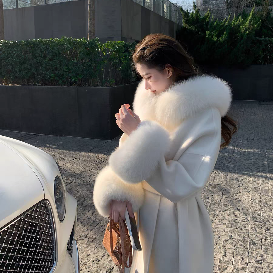 女白色毛呢网红羊绒宽松中长大衣气质毛呢外套