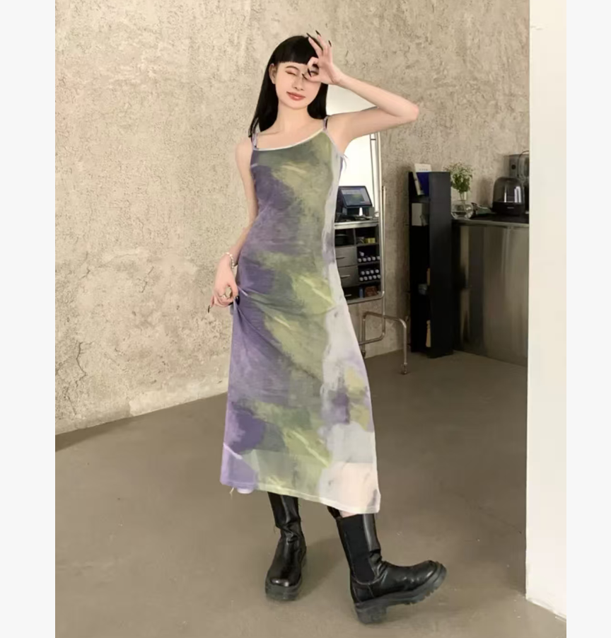 【裙长120】网纱扎染夏季新款法式设计长裙高级感裙两件套1603【9】