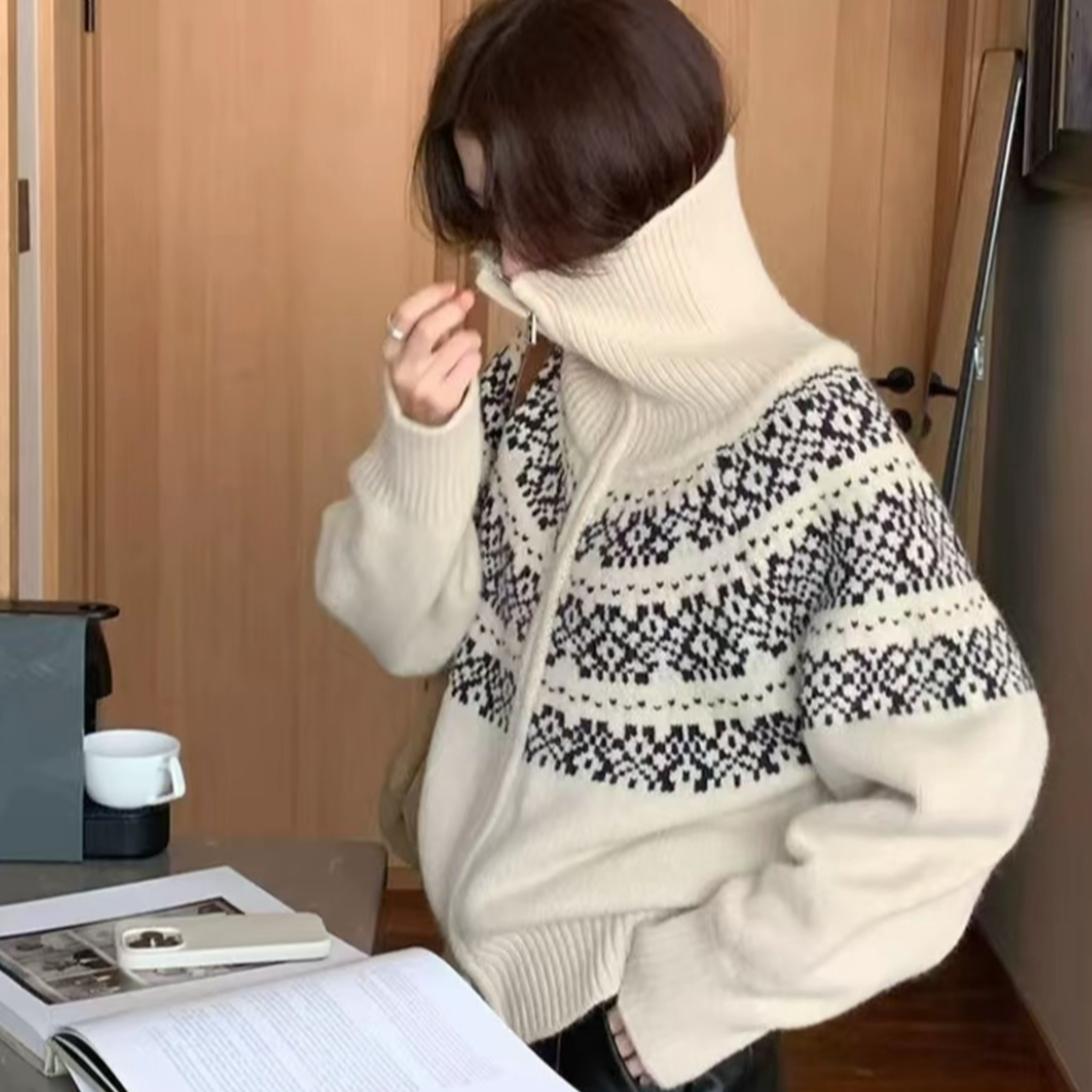 【运补6米】费尔岛韩系毛衣 高翻领提花针织开衫外穿秋冬款外套女 