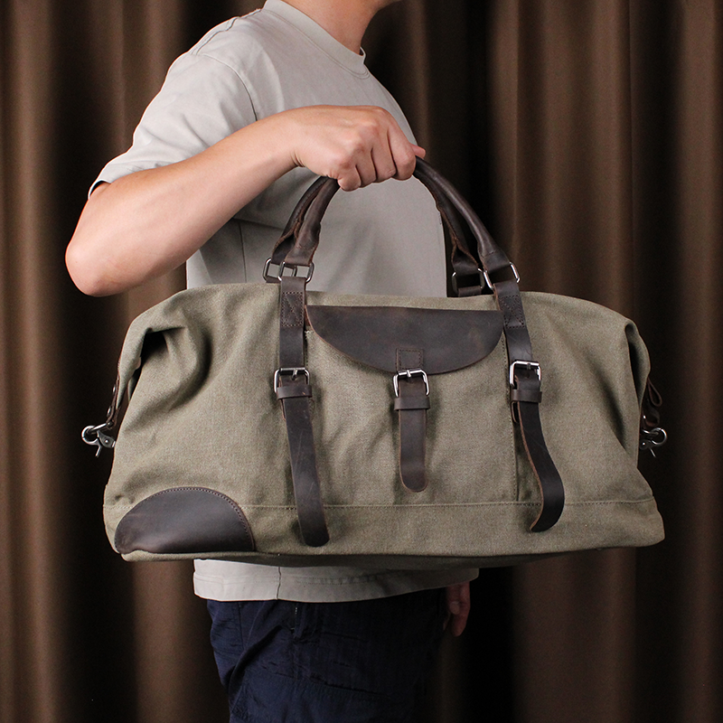 休闲复古帆布配牛皮行李包短途出差包潮流时尚手提包-2056