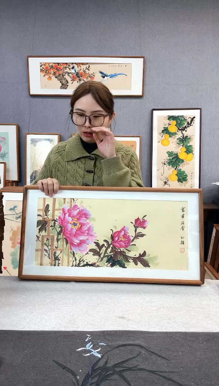 【闪购商品】国画孙颖-纯手绘带框作品-35*68-牡丹