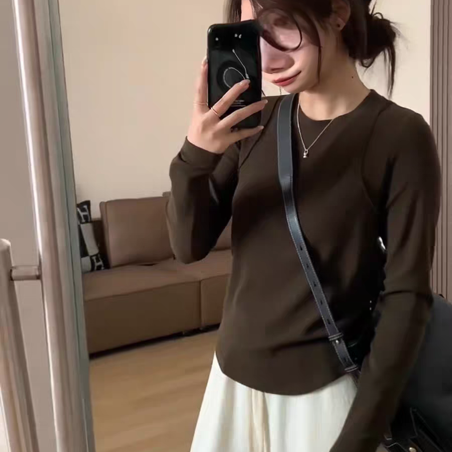 大码女装长袖百搭女不规则圆领打底衫秋冬内搭方领长袖T恤#3918