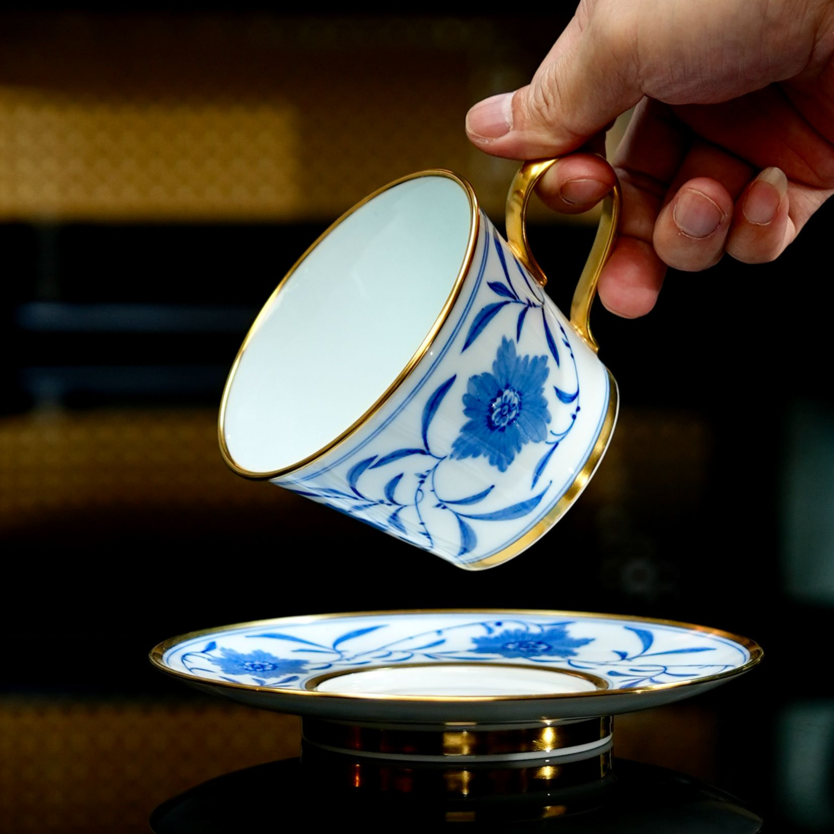 迪夫人手作高白泥（紫菀）手绘青花茶杯碟