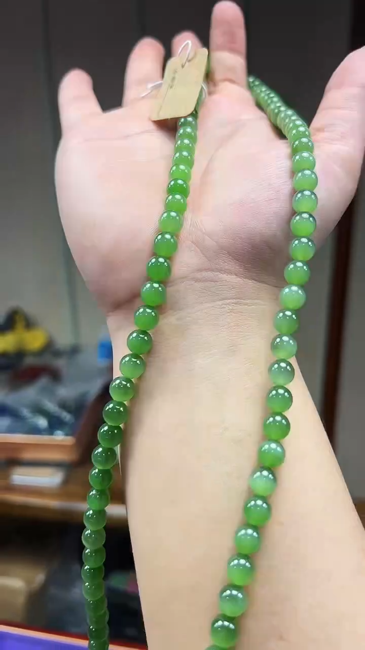 颈饰未镶嵌和田玉和田玉碧玉阳绿猫眼项链8mm108颗