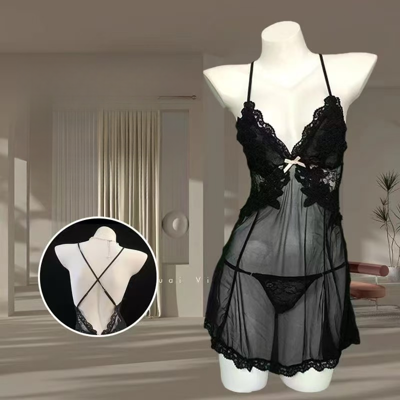 新款网红性感女士网纱吊带睡裙镂空薄款纯欲风露背显瘦轻奢蕾丝