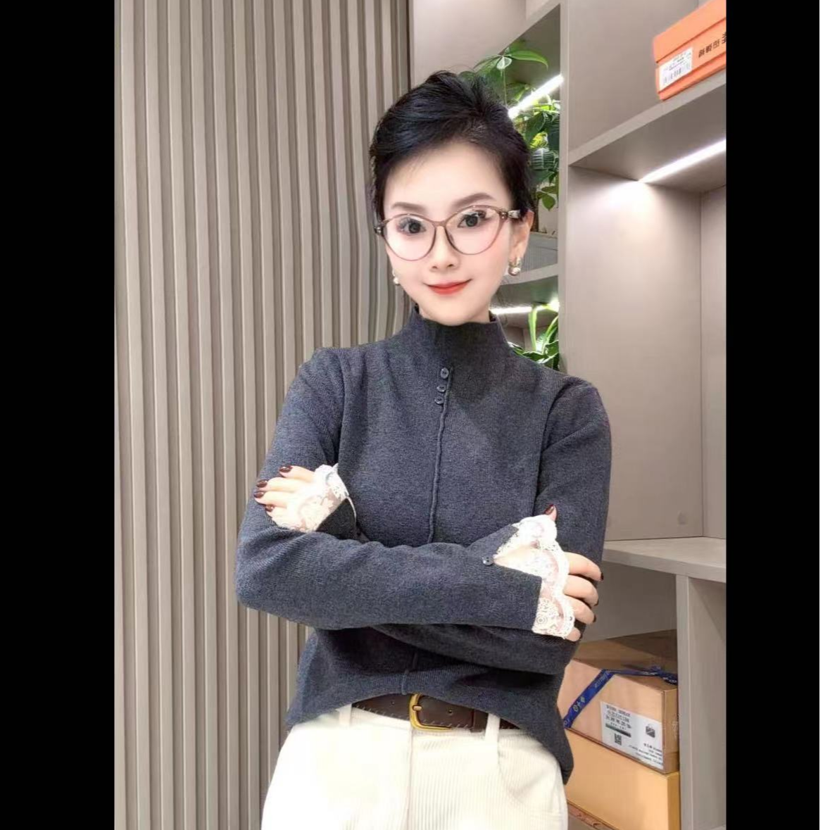 三颗扣中领针织衫