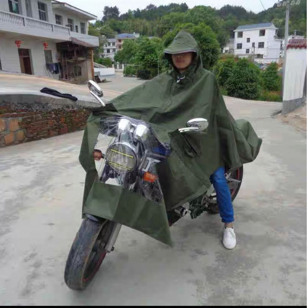 《云云家》高品质军绿色电瓶车雨衣雨披可视仪表盘